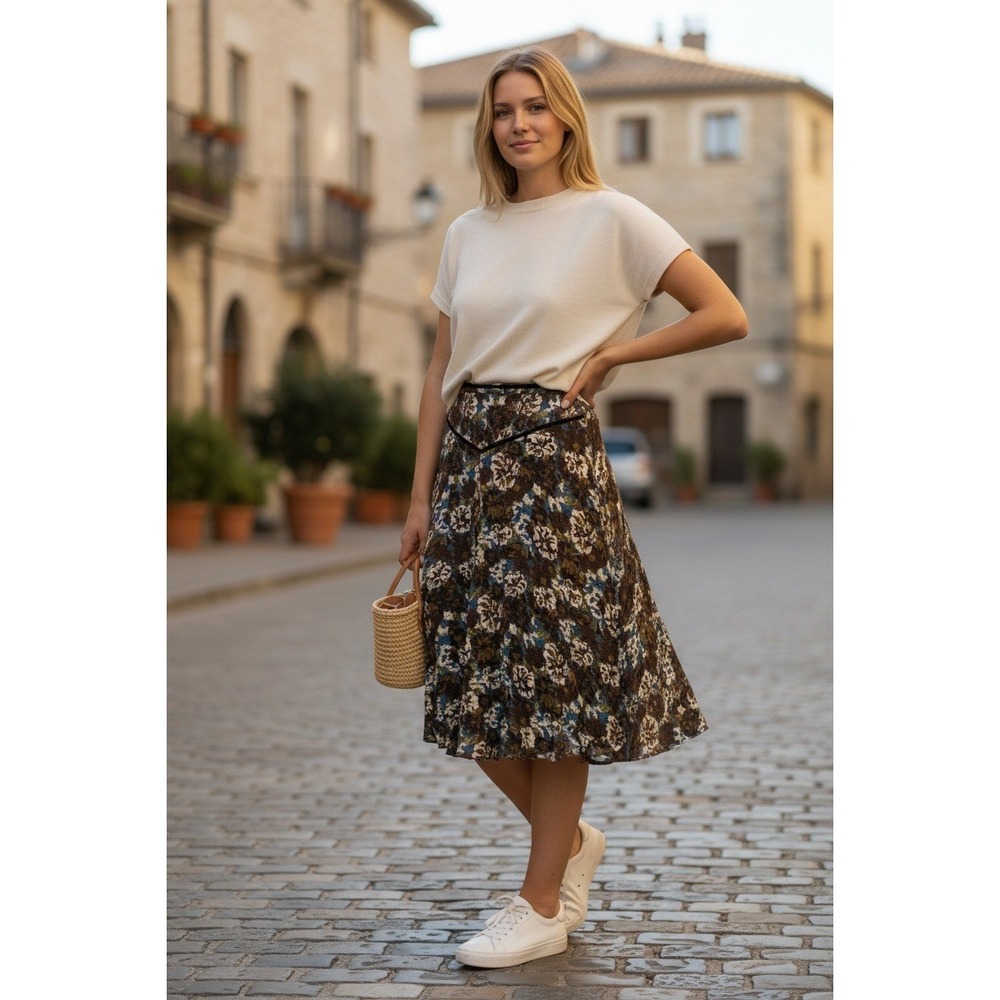 Anne Klein Floral A Line Midi Silk Skirt Womens Size 6 Brown Blue Cream